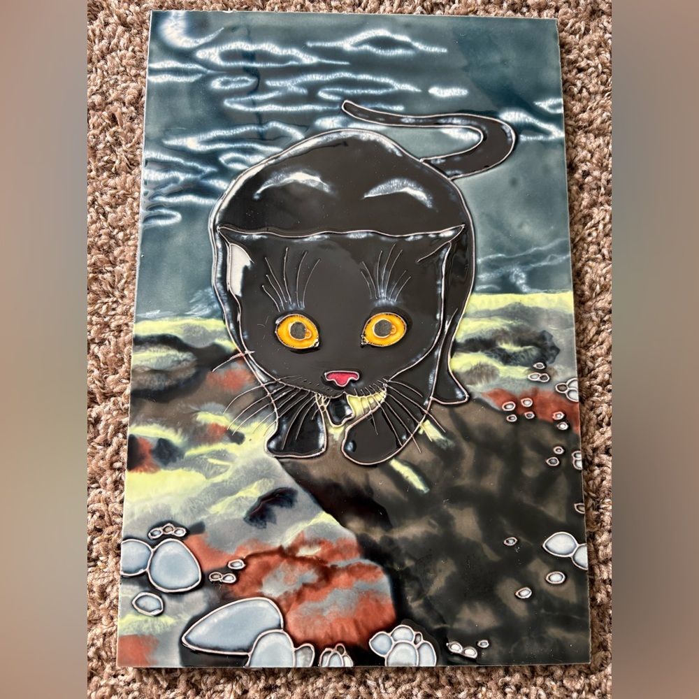Laura Seeley Hand Painted Art Tile - Cats “Feline Fantasies On Tile” Funky Cat